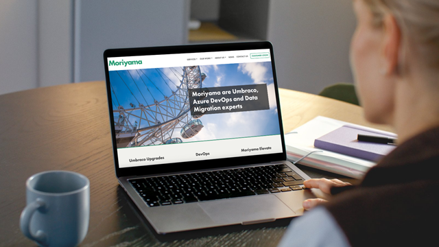 Woman looking at laptop with Moriyama website homepage showing